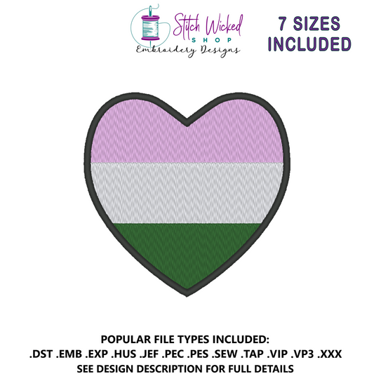 Genderqueer Pride Flag Heart Embroidery Design, Heart Queer Pride Flag Patch, 7 Sizes Included