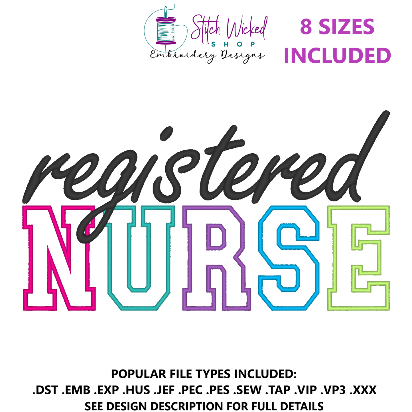Registered Nurse Embroidery Design, Varsity Applique Design, 8 Sizes