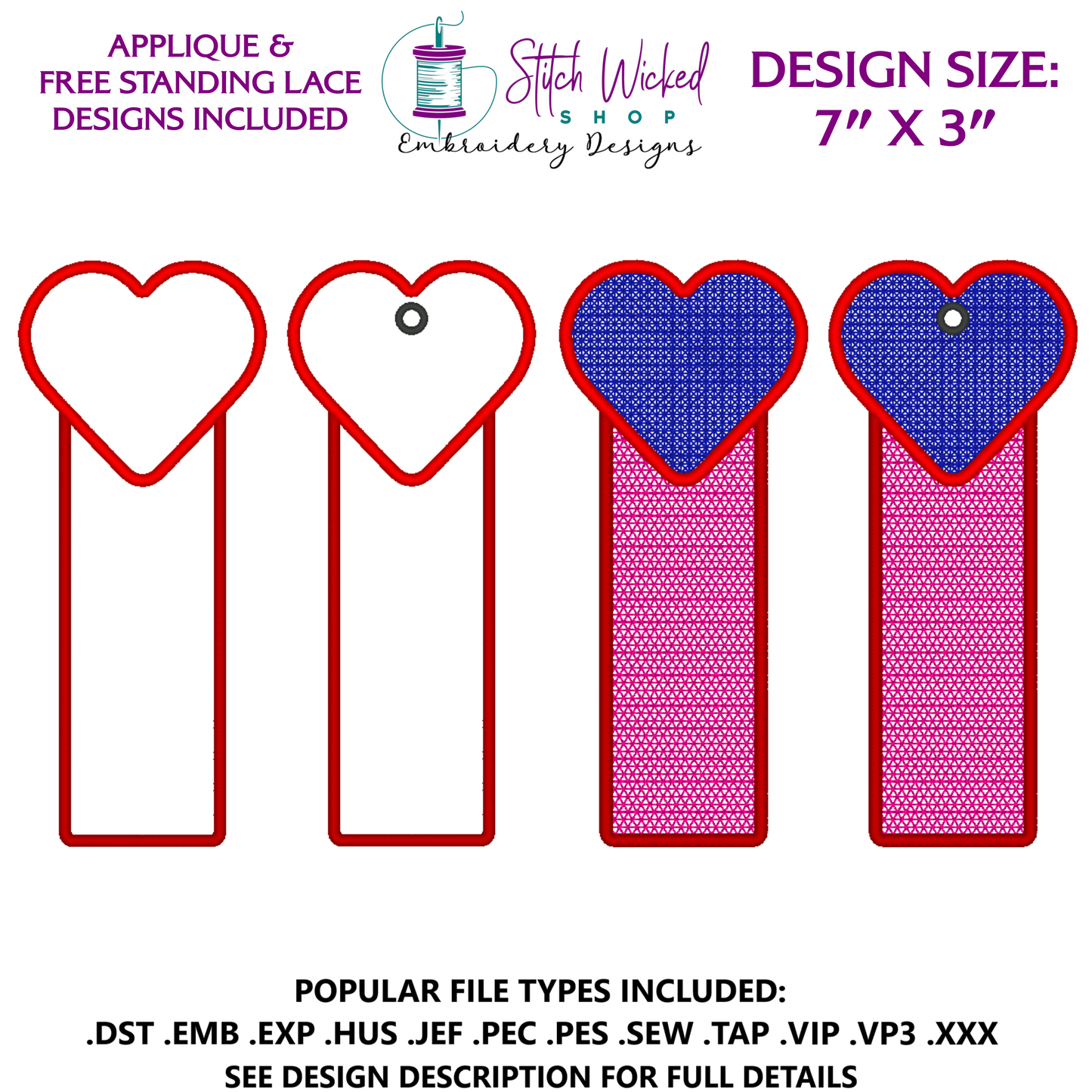 Heart Bookmark Embroidery Design, Free Standing Lace And Applique Designs Included