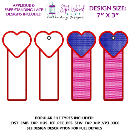 Heart Bookmark Embroidery Design, Free Standing Lace And Applique Designs Included