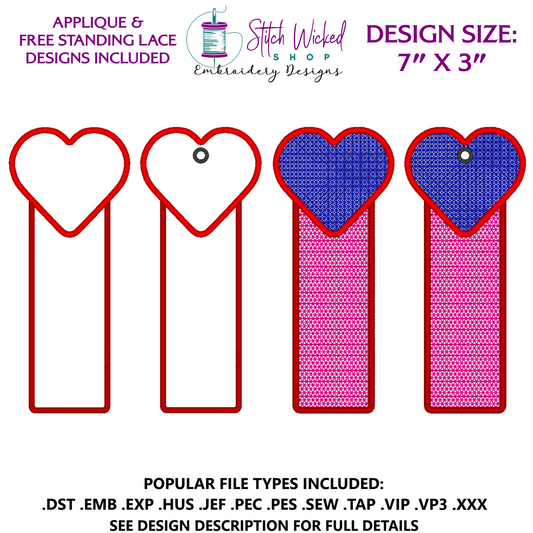 Heart Bookmark Embroidery Design, Free Standing Lace And Applique Designs Included