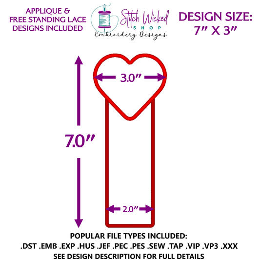 Heart Bookmark Embroidery Design, Free Standing Lace And Applique Designs Included