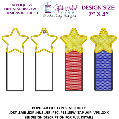 Star Bookmark Embroidery Design, Free Standing Lace And Applique Designs Included