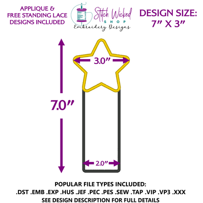 Star Bookmark Embroidery Design, Free Standing Lace And Applique Designs Included