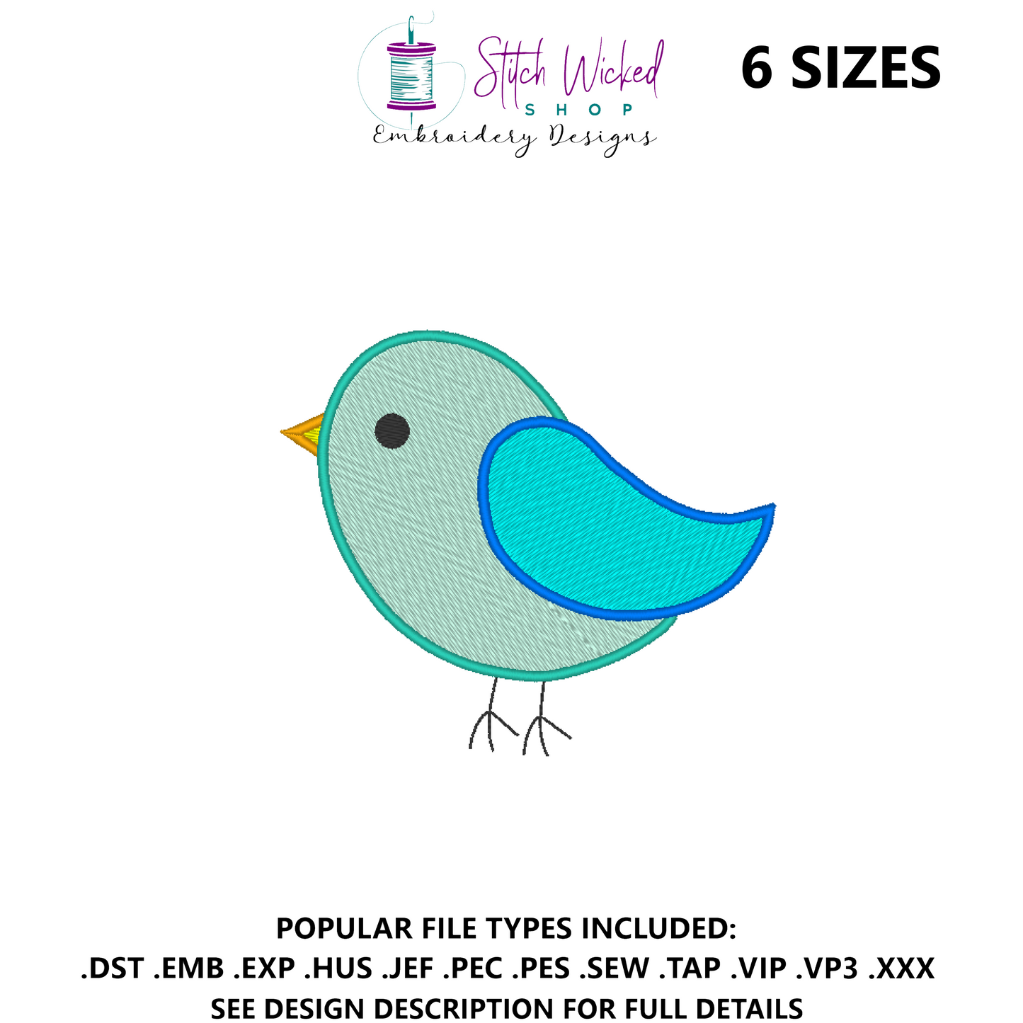 Bird Machine Embroidery Design, Simple Satin Stitch
