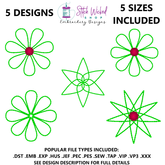 Mini Flower Machine Embroidery Design Bundle, Outline Triple Stitch
