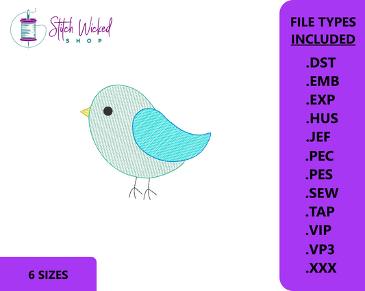 Simple Sketch Fill Bird Machine Embroidery Design, 6 Sizes Included
