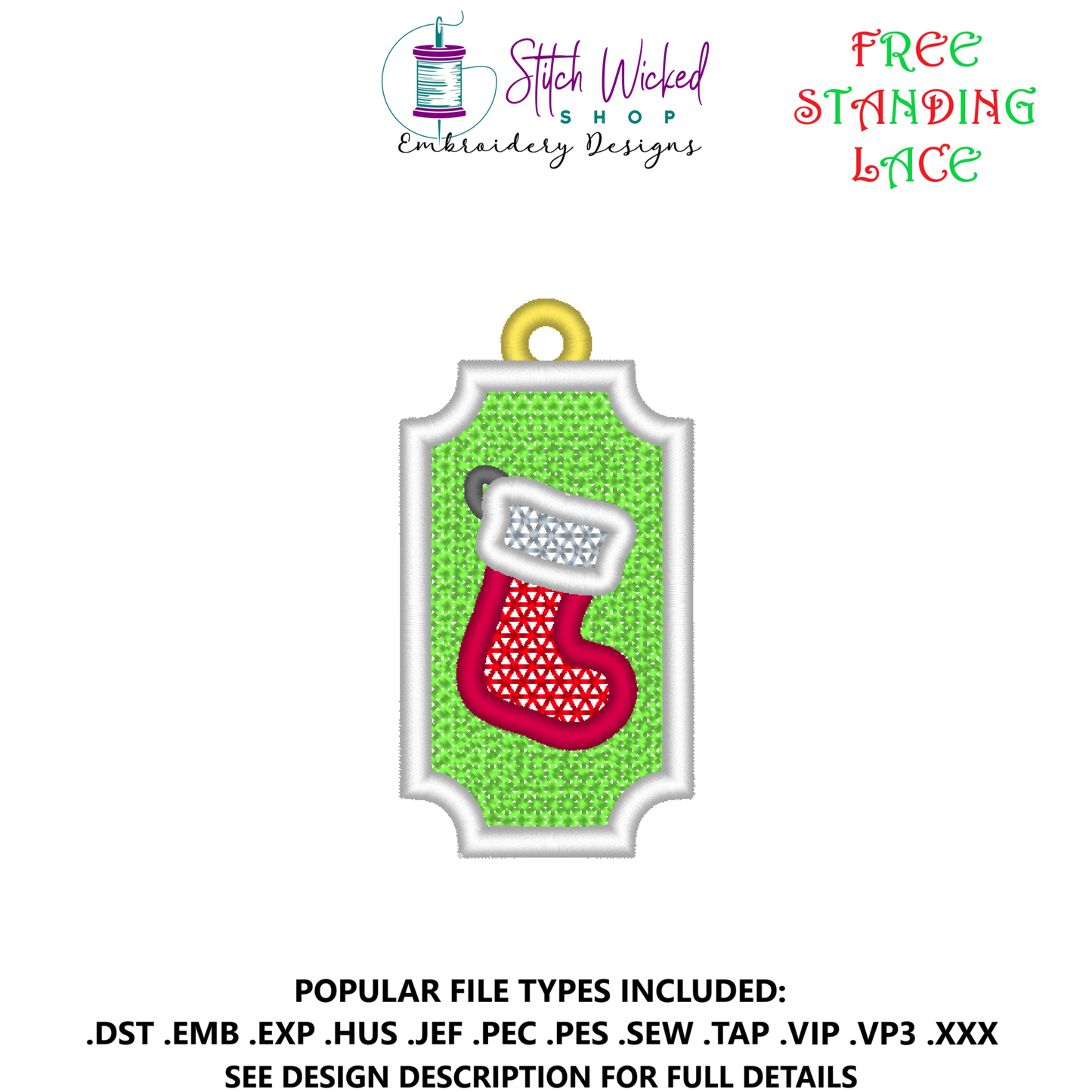 Free Standing Lace Christmas Stocking Gift Tag Ornament Machine Embroidery Design