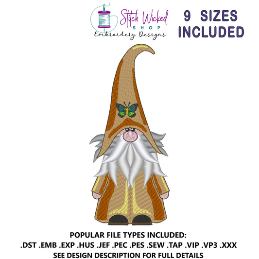 Gnome Machine Embroidery Design, Butterfly Hat