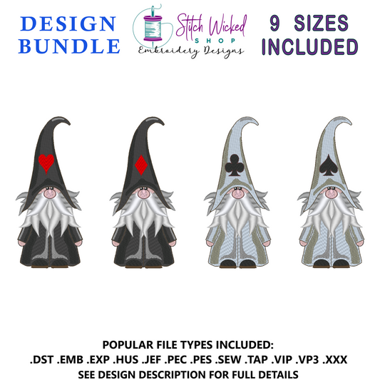 Hat Gnome Machine Embroidery Design Bundle, Card Suit Hat Gnomes