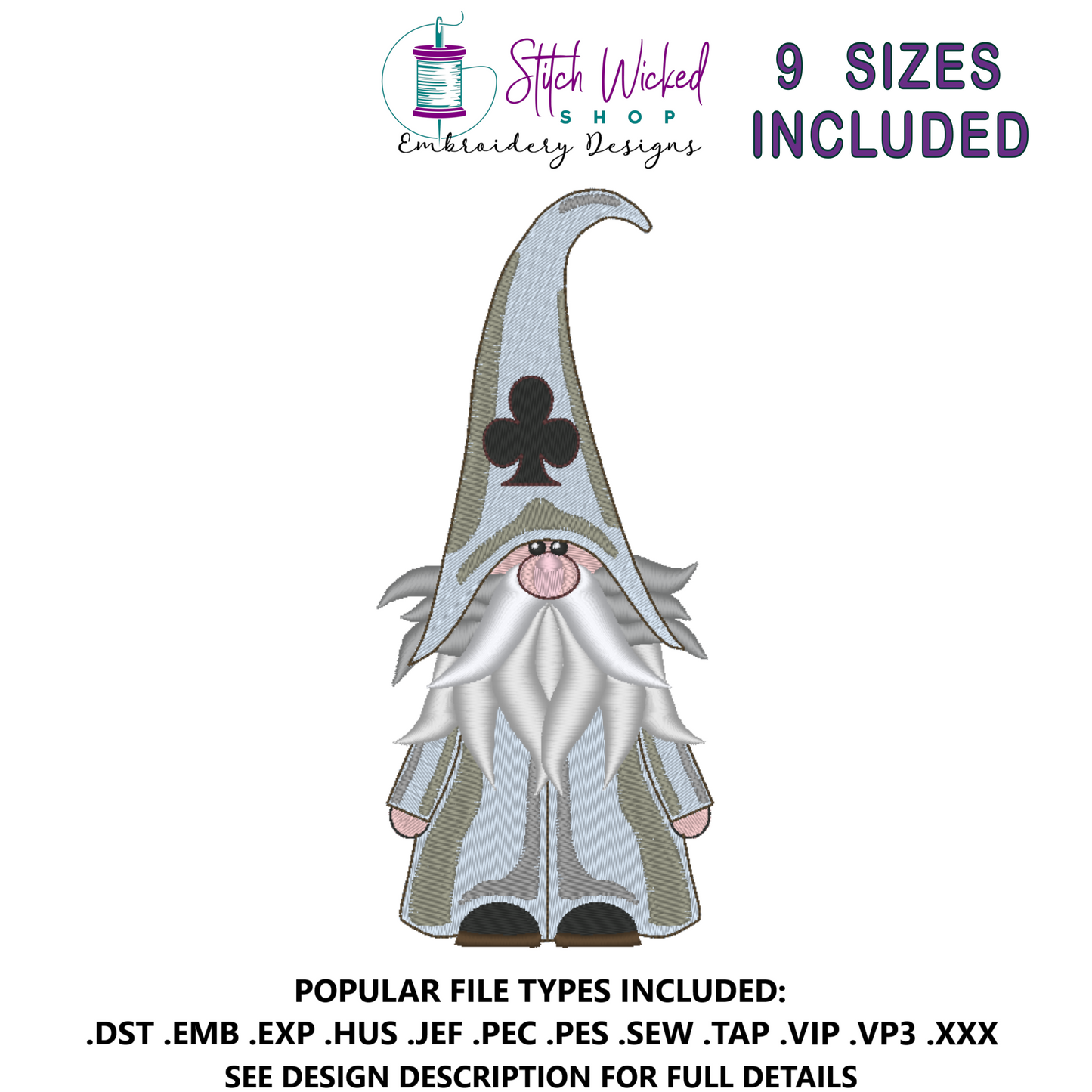 Gnome Machine Embroidery Design, Clubs Hat Card Suit