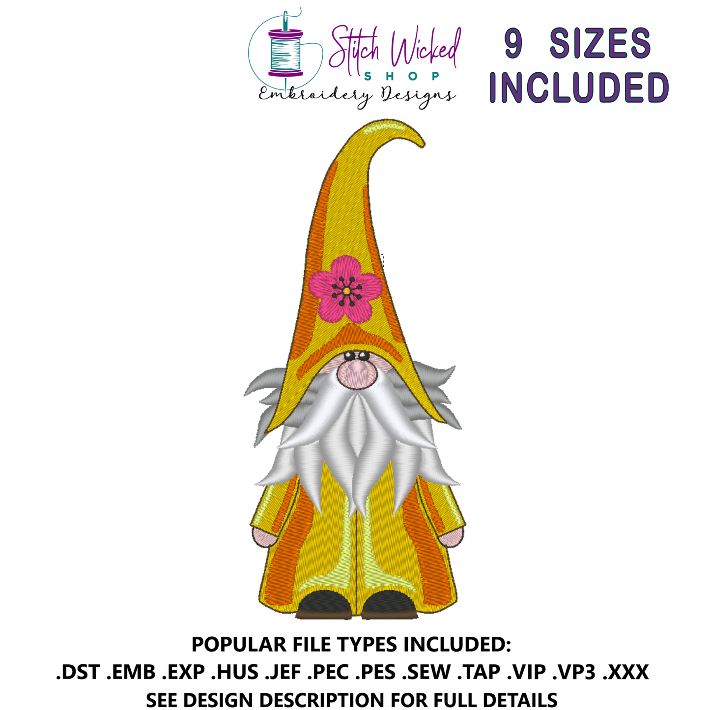 Gnome Machine Embroidery Design, Flower Hat