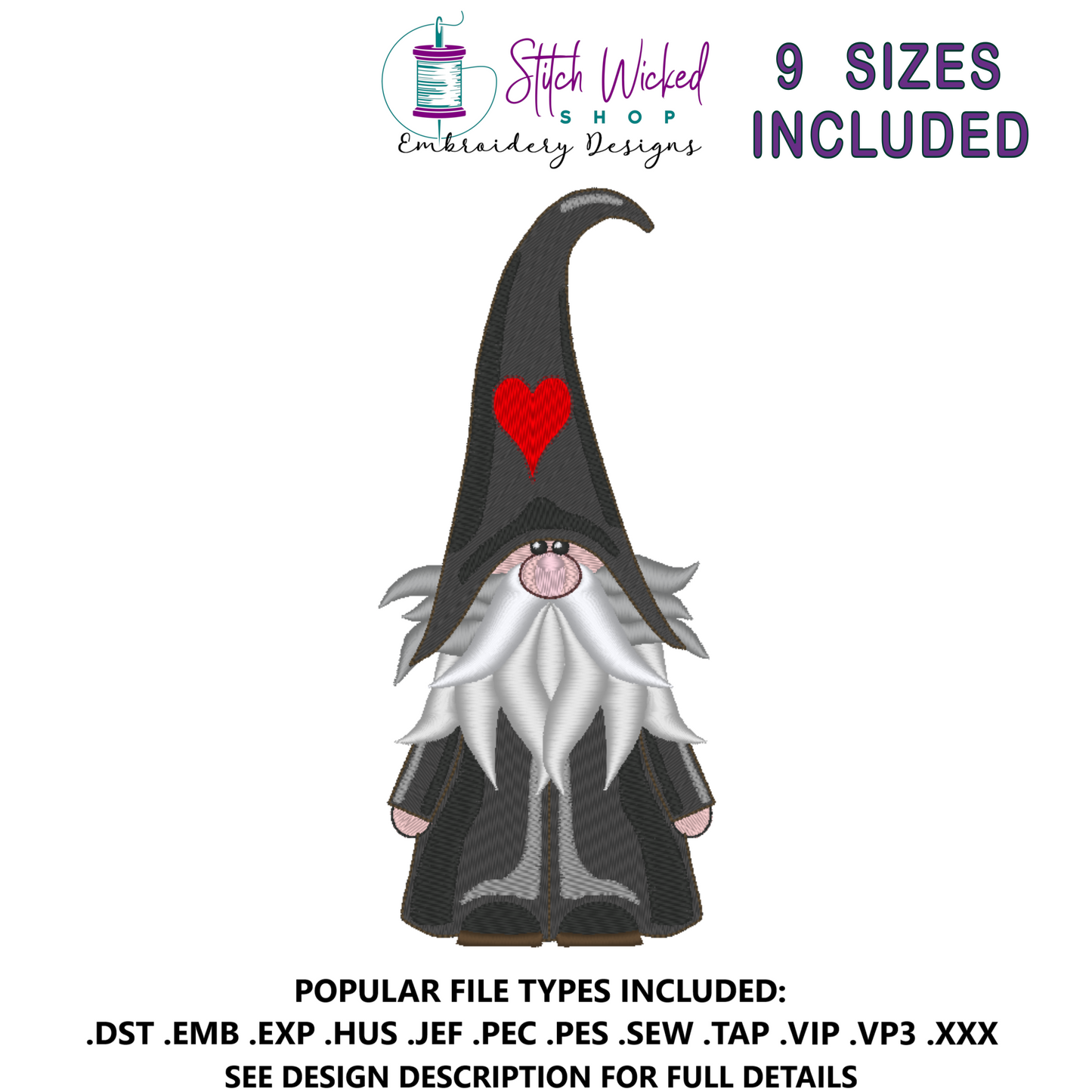 Gnome Machine Embroidery Design, Hearts Hat Card Suit