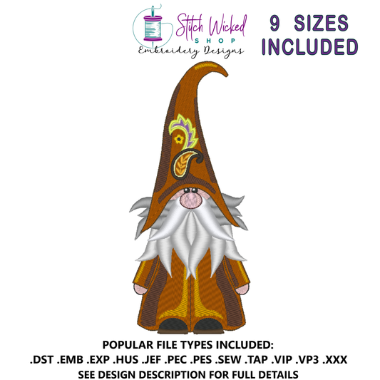 Gnome Machine Embroidery Design, Paisley Hat