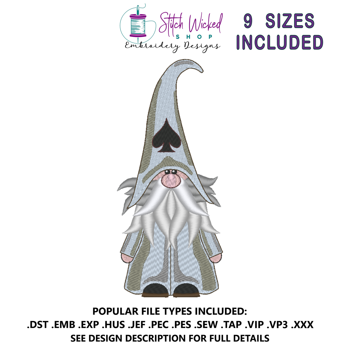 Gnome Machine Embroidery Design, Spades Hat Card Suit