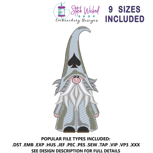 Gnome Machine Embroidery Design, Spades Hat Card Suit