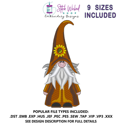 Gnome Machine Embroidery Design, Sunflower Hat