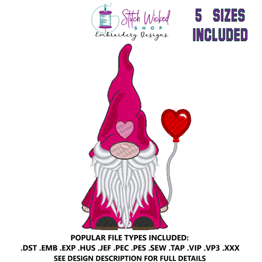 Gnome Machine Embroidery Design, Valentine Heart Balloon Gnome