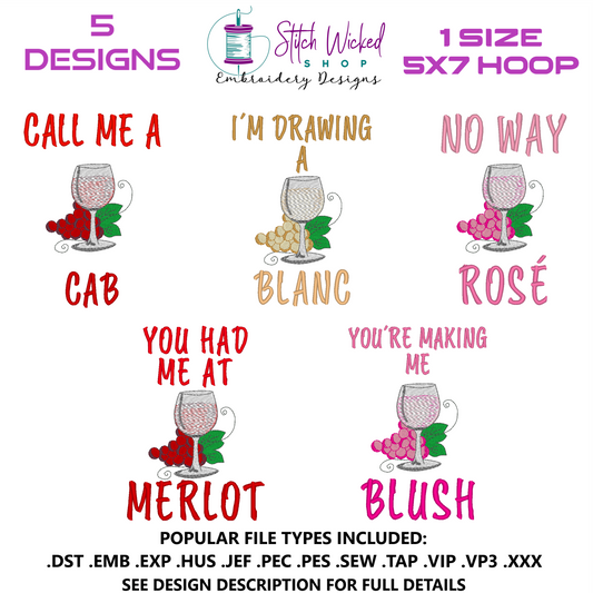 Wine Names Kitchen Towel Embroidery Design Bundle, Funny Kitchen Towel Embroidery Design, 5 X 7 Hoop