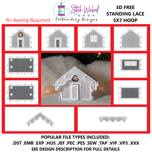 Free Standing Lace 3D Winter Village House Machine Embroidery Designs, 5X7 Christmas Village Cottage