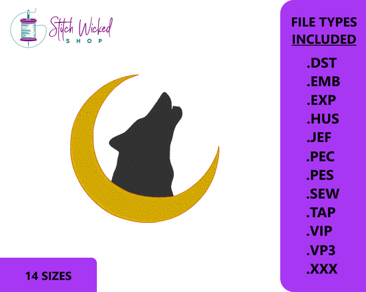 Moon Wolf Silhouette Machine Embroidery Design, Instant Digital Download, 14 Sizes Included