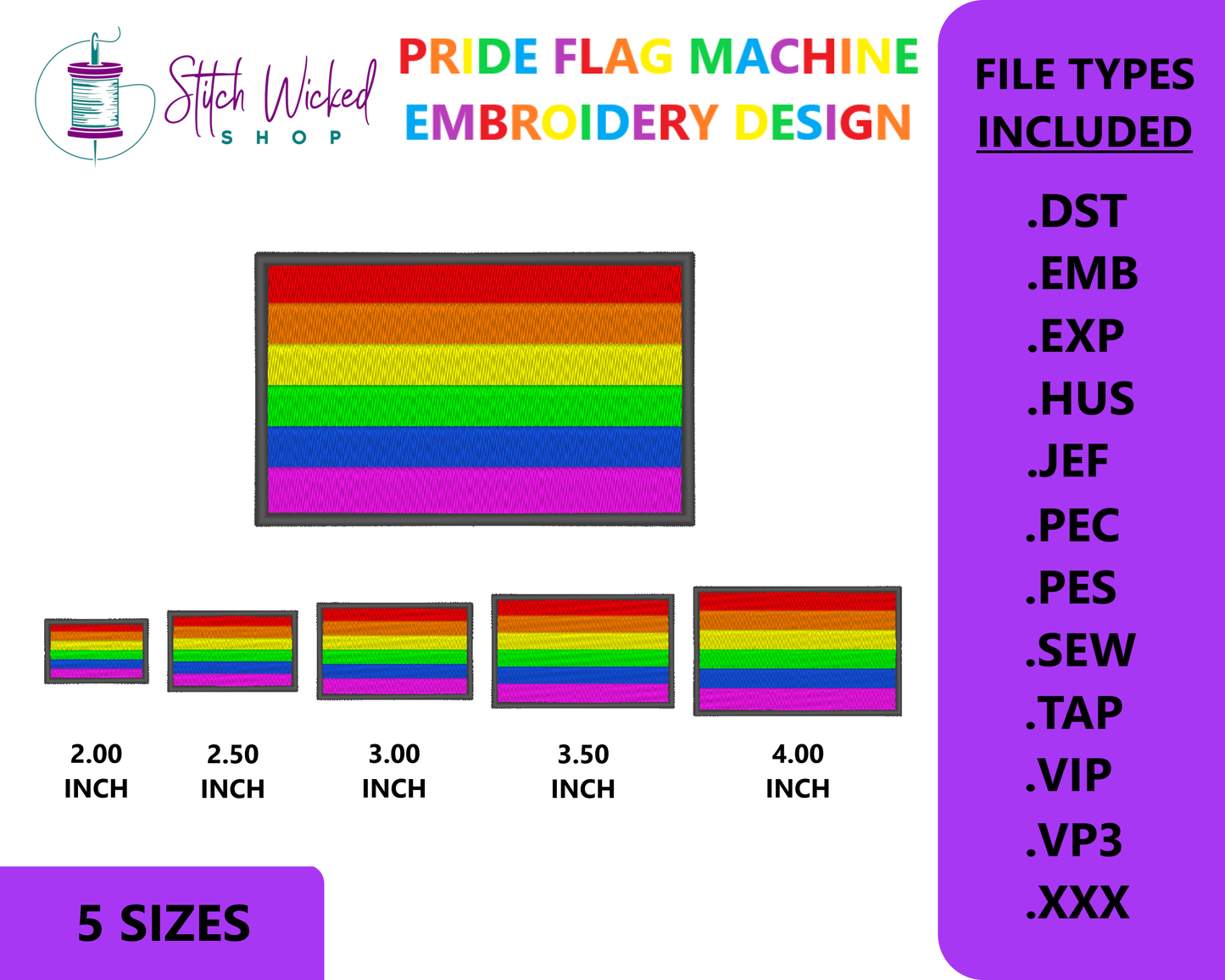 Rainbow Pride Flag Machine Embroidery Design, LGBTQ 6 Color Pride Flag