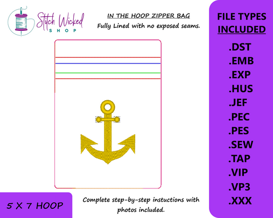 In the Hoop Anchor Bag Embroidery Design, ITH Zipper Bag, 5 X 7 Machine Embroidery Design, Fully Lined Zipper Pouch With No Exposed Seams
