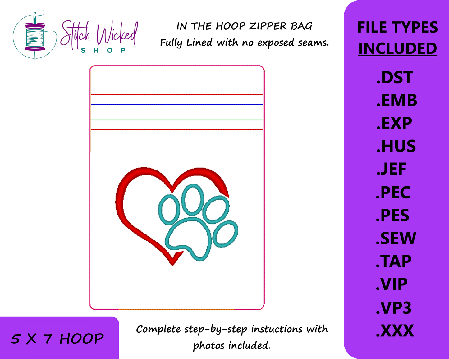 In the Hoop Bag Embroidery Design, Applique Paw Print Heart 5 X 7 Fully Lined Zipper Bag (No Exposed Seams)