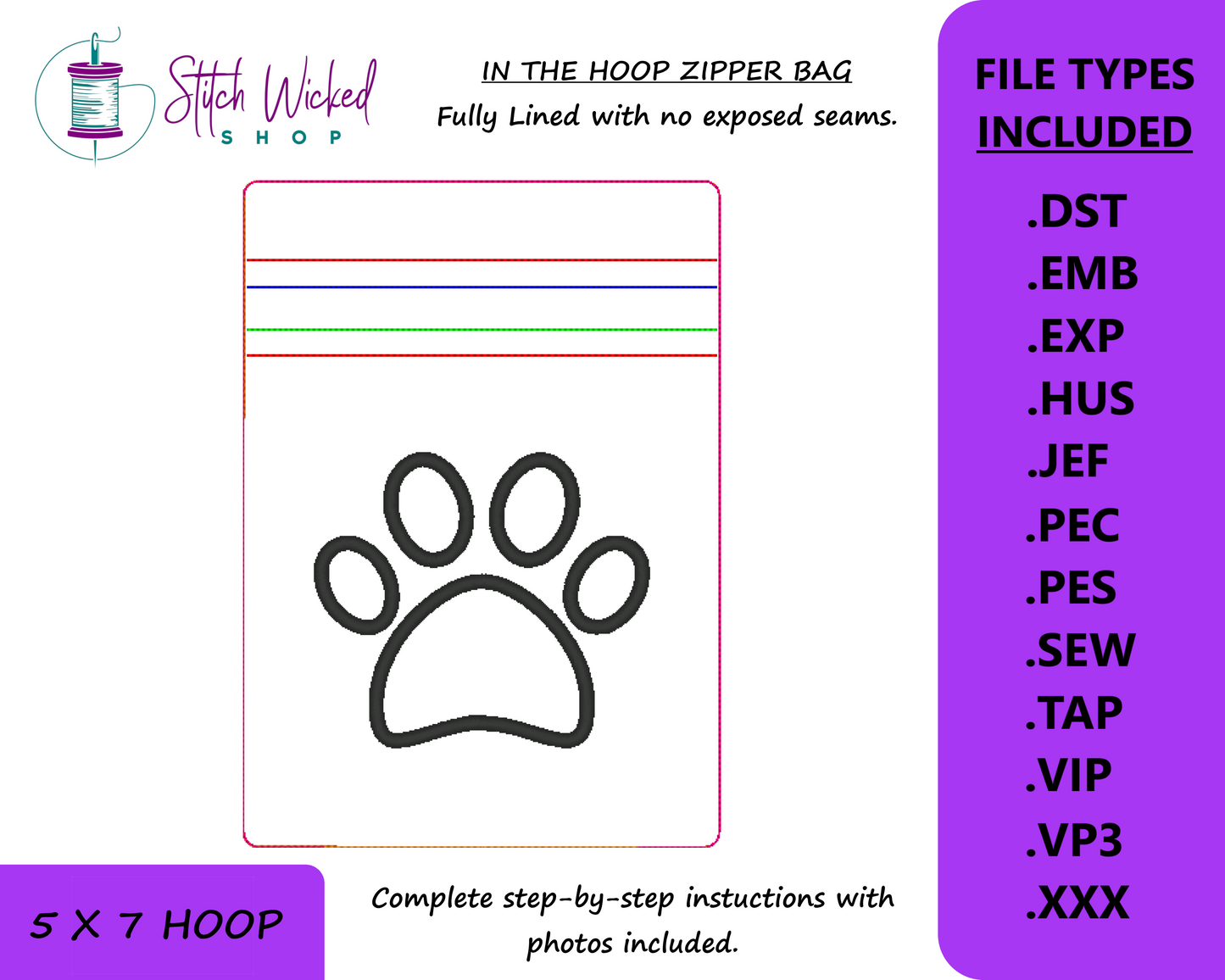 In the Hoop Bag Embroidery Design, Applique Paw Print 5X7 Fully Lined ITH Zipper Bag (No Exposed Seams)