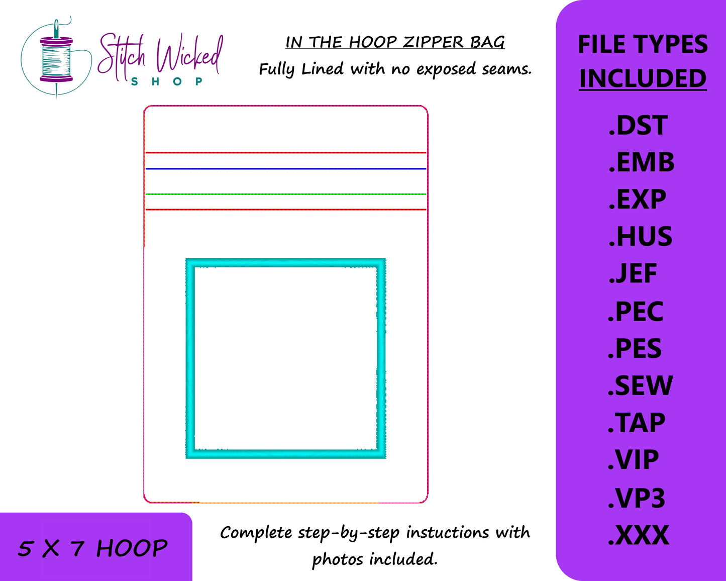 In the Hoop Bag Embroidery Design, Applique Square 5X7 Fully Lined ITH Zipper Bag (No Exposed Seams)