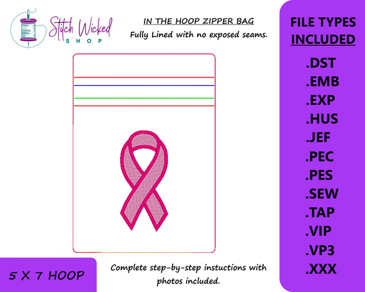 Awareness Ribbon In the Hoop Bag Embroidery Design, ITH Zipper Bag, 5 X 7 Machine Embroidery Design, Lined Zipper Pouch With No Exposed Seam