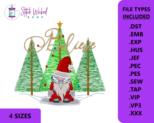 Believe Santa Hat Gnome, Machine Embroidery Design, Christmas Tree Embroidery Design, Christmas Believe Embroidery File, Holiday Embroidery