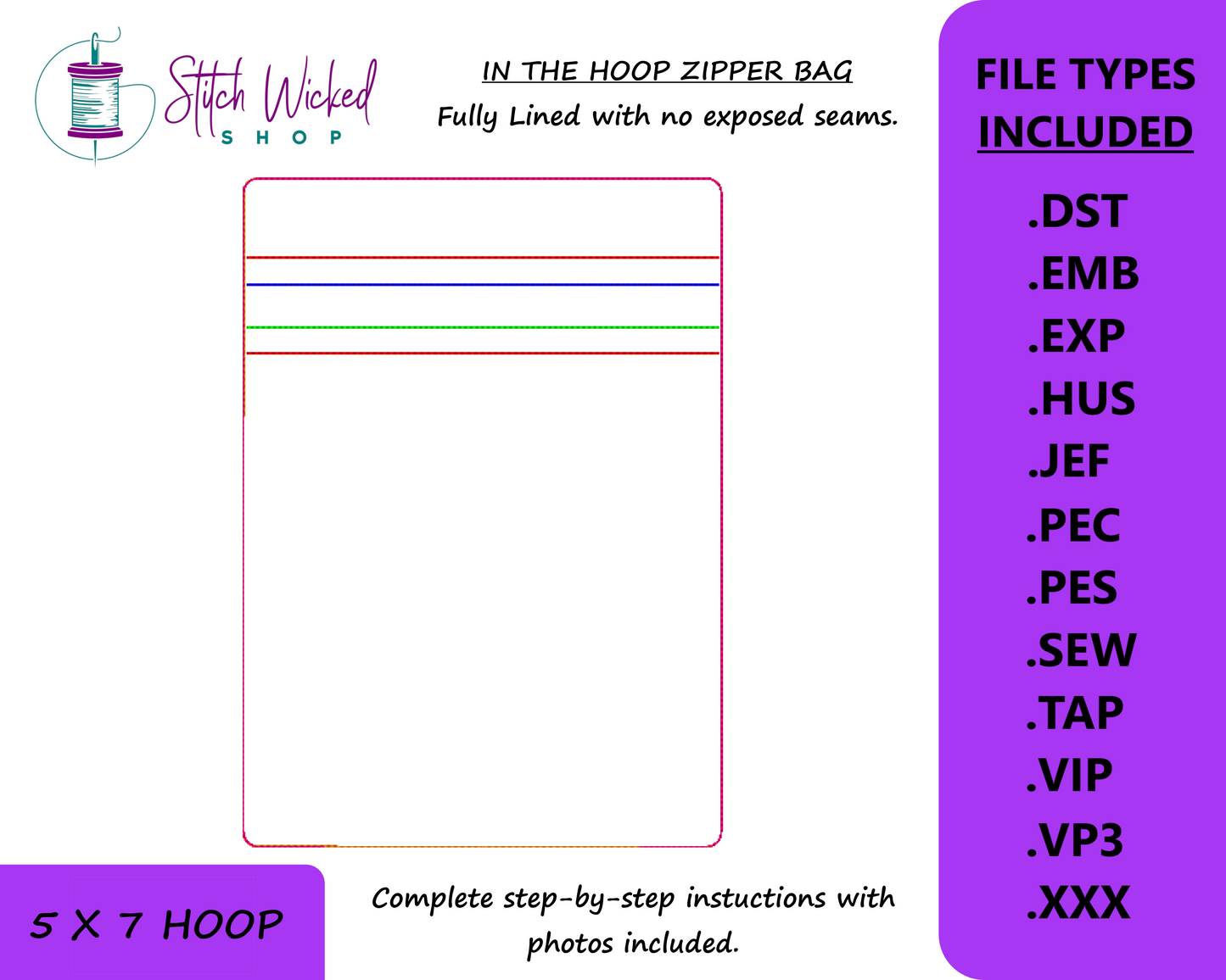 In the Hoop Bag Embroidery Design, 5 X 7 Fully Lined ITH Zipper Bag (No Exposed Seams)