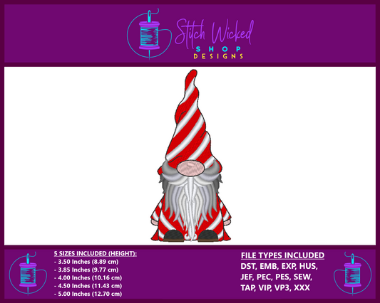 Candy Cane Gnome Machine Embroidery Design, Christmas Gnome Embroidery Pattern, Gnome with Candycane Stripe Hat, Holiday Gnome Pattern - Stitch Wicked Shop