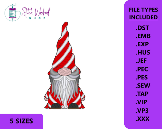 Candy Cane Gnome Machine Embroidery Design, Christmas Gnome Embroidery Pattern, Gnome with Candycane Stripe Hat, Holiday Gnome Pattern - Stitch Wicked Shop