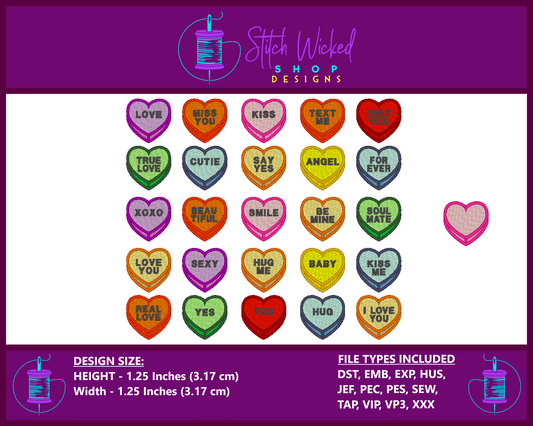 Candy Hearts with Sayings Embroidery Design Bundle