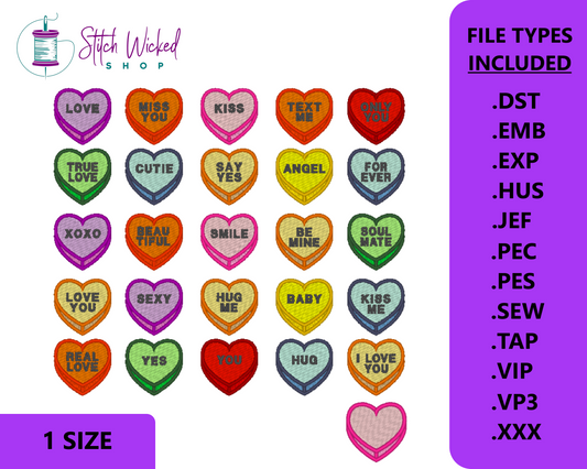 Candy Hearts Embroidery Designs, Conversation Hearts, Valentine Machine Embroidery Design, Heart Embroidery Design, Candy Hearts with Saying