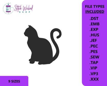 Black Cat Embroidery Design, Cat Sitting Silhouette
