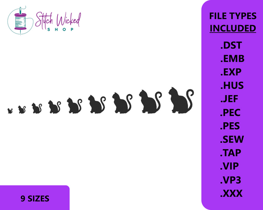 Black Cat Embroidery Design, Cat Sitting Silhouette