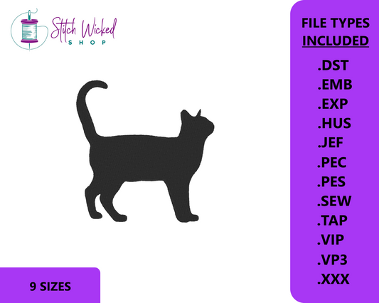 Black Cat Embroidery Design, Cat Standing Silhouette