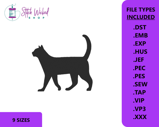 Black Cat Embroidery Design, Cat Walking Silhouette