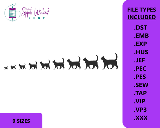 Black Cat Embroidery Design, Cat Walking Silhouette