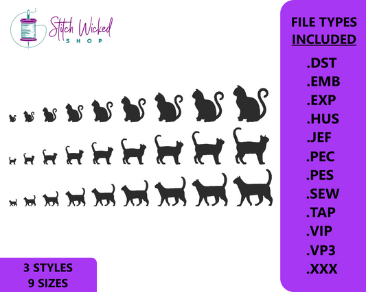 Black Cat Embroidery Designs, Cat Silhouette Design Set, Halloween Machine Embroidery Design, Black Cat Embroidery Design, 3 Styles, 9 Sizes