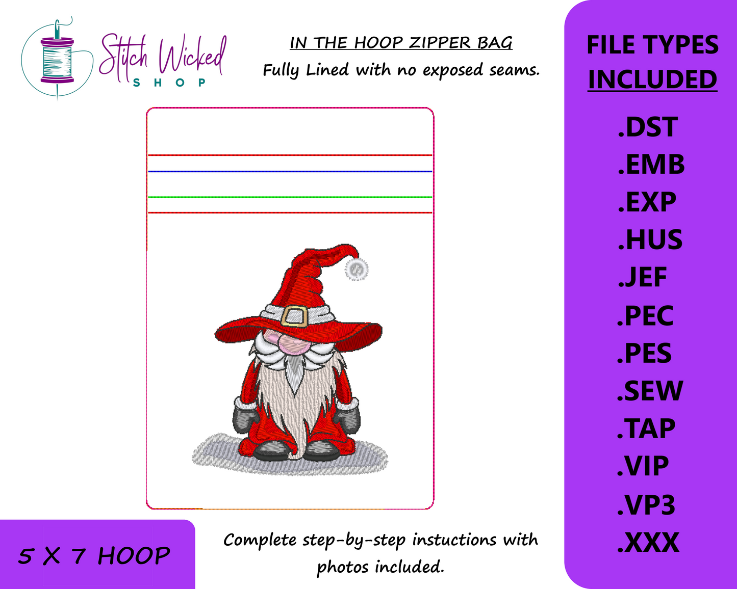 In the Hoop Bag Embroidery Design, Christmas Gnome 5X7 Fully Lined ITH Zipper Bag (No Exposed Seams)