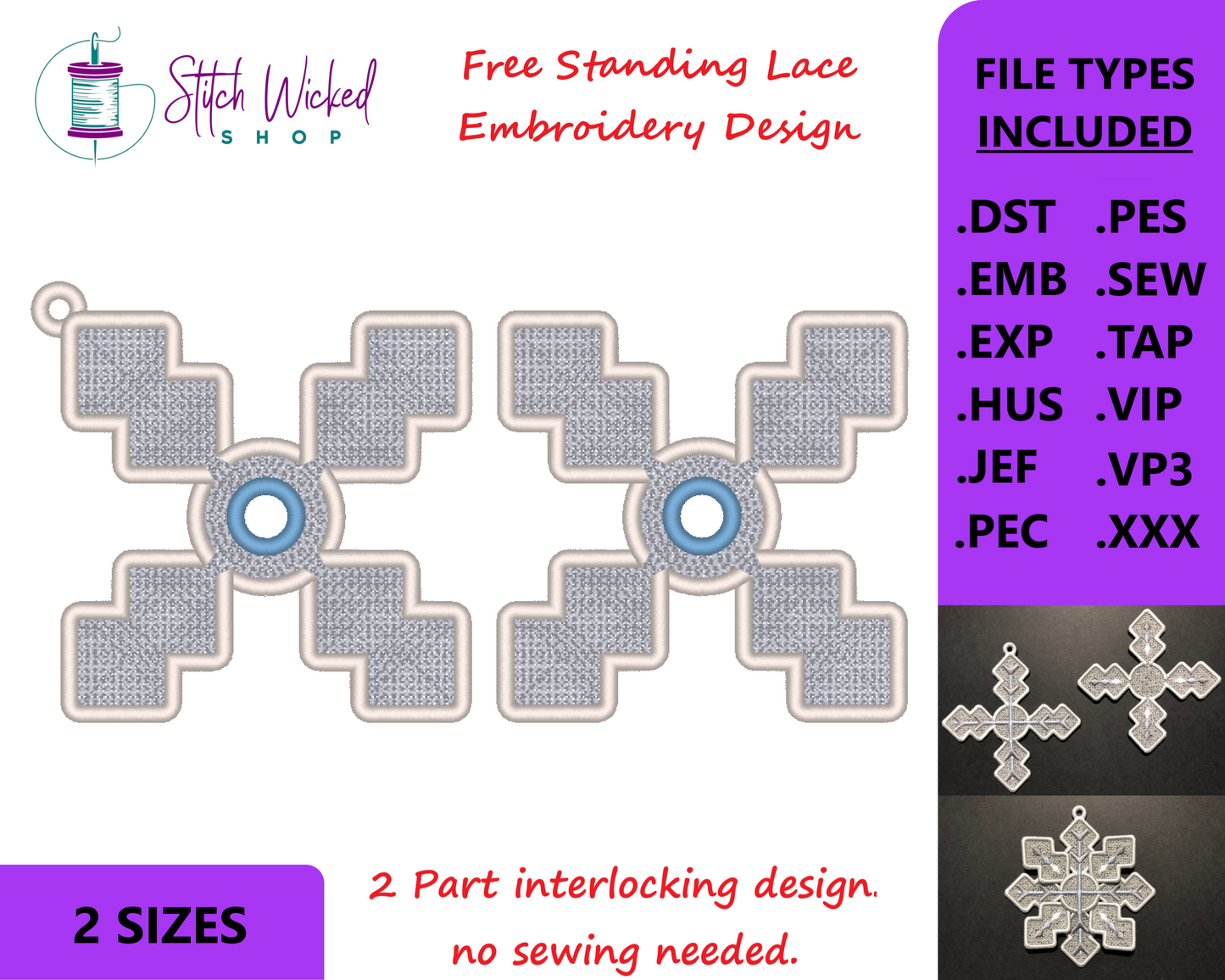 Free Standing Lace Embroidery Designs, Free Standing Lace Snowflake, FSL Christmas Ornament, Interlocking Design, Circle Snowflake, 2 Sizes