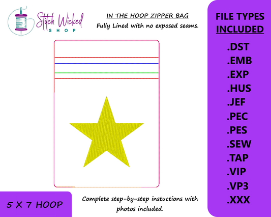 In the Hoop Star Bag Embroidery Design, ITH Zipper Bag, 5 X 7 Machine Embroidery Design, Fully Lined Zipper Pouch With No Exposed Seams