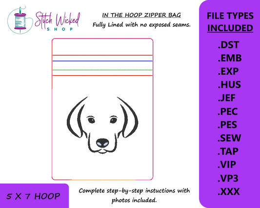 In the Hoop Dog Head Bag Embroidery Design, ITH Zipper Bag, 5 X 7 Machine Embroidery Design, Fully Lined Zipper Pouch With No Exposed Seams