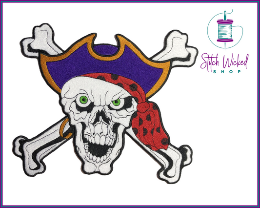 Pirate Skull, Fully Embroidered Large Iron On Patch - Stitch Wicked Shop