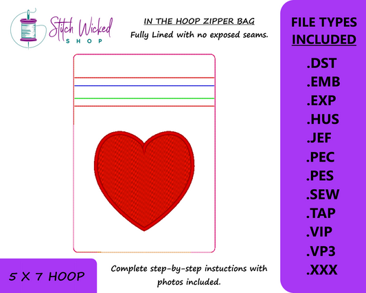 In the Hoop Heart Bag Embroidery Design, ITH Zipper Bag, 5 X 7 Machine Embroidery Design, Fully Lined Zipper Pouch With No Exposed Seams