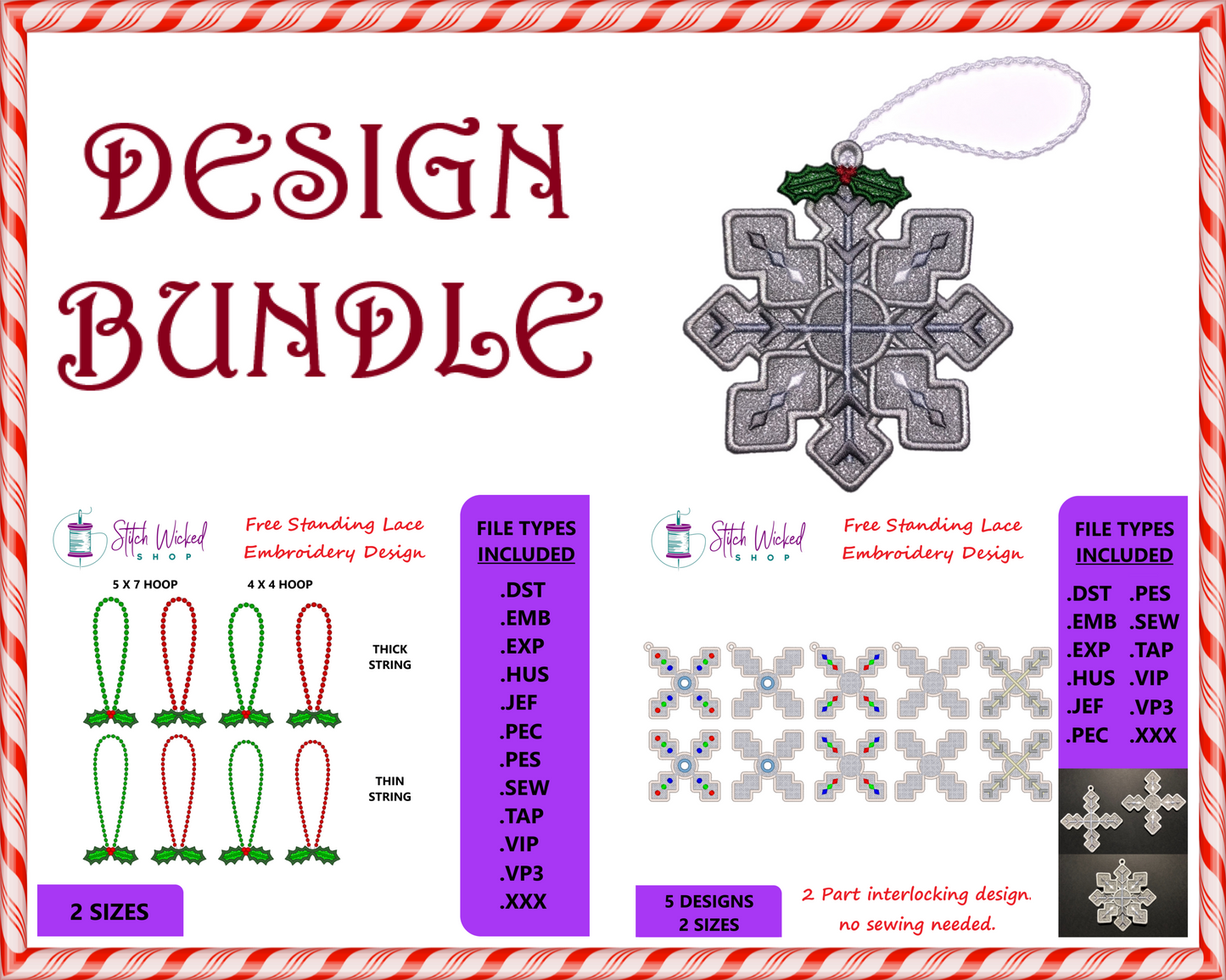 Free Standing Lace Snowflakes Embroidery Design Bundle With Holly Berry Ornament Hanger